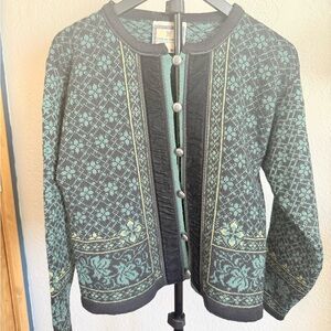 Vintage Dale of Norway Wool Nordic Cardigan | Green Floral Pattern | Size S